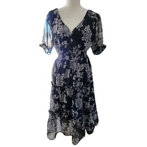 LAPIS Black White Floral Print Chiffon Midi Dress Elastic Waist Ruffle Sz M